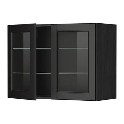 МЕТОД Навесной шкаф с полками/2 стекл дв - 80x60 см, Лаксарби черно-коричневый, под дерево черный