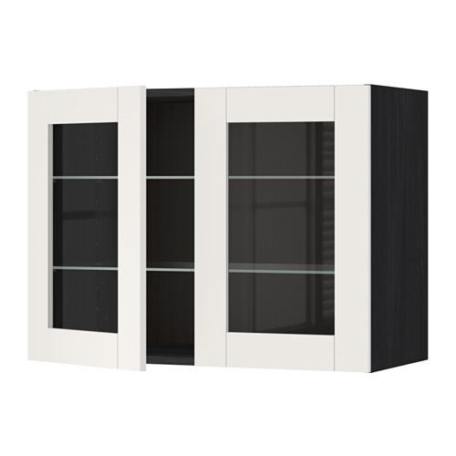 METOD навесной шкаф с полками/2 стекл дв черный/Сэведаль белый 80x60 см