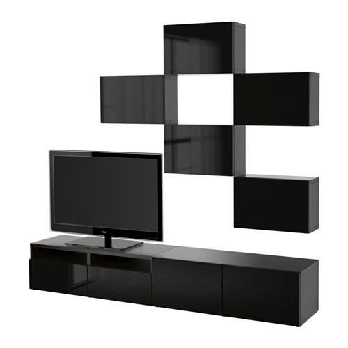 БЕСТО Шкаф для ТВ, комбинация - черно-коричневый/Сельсвикен глянцевый/черный, направляющие ящика,нажимные