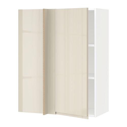 МЕТОД Угловой навесной шкаф с полками - белый, Воксторп глянцевый светло-бежевый, 88x37x100 см