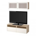 БЕСТО Шкаф для ТВ, комбин/стеклян дверцы - под беленый дуб/Сельсвикен глянцевый/белый матовое стекло, направляющие ящика,нажимные