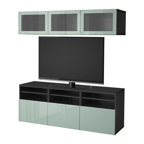 БЕСТО Шкаф для ТВ, комбин/стеклян дверцы - черно-коричневый Сельсвикен/глянцевый/серо-зеленый светлый прозрачное стекло, направляющие ящика, плавно закр