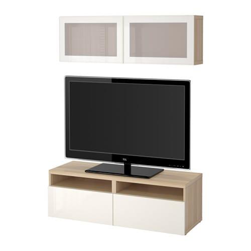 БЕСТО Шкаф для ТВ, комбин/стеклян дверцы - под беленый дуб/Сельсвикен глянцевый/белый матовое стекло, направляющие ящика,нажимные