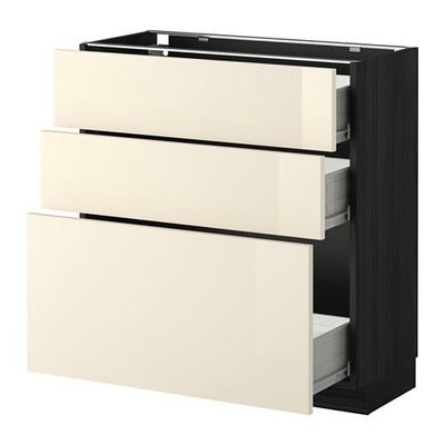 МЕТОД / ФОРВАРА Напольный шкаф с 3 ящиками - 80x37 см, Рингульт глянцевый кремовый, под дерево черный