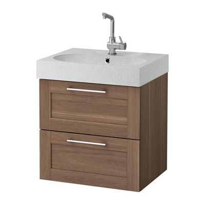 ГОДМОРГОН / БРОВИКЕН Шкаф для раковины с 2 ящ - под грецкий орех/светло-серый