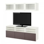 БЕСТО Шкаф для ТВ, комбин/стеклян дверцы - белый/Вальвикен темно-коричневый, прозрачное стекло, направляющие ящика,нажимные