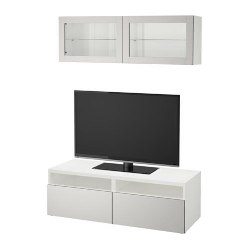 БЕСТО Шкаф для ТВ, комбин/стеклян дверцы - белый Лаппвикен/светло-серый прозрачное стекло, направляющие ящика,нажимные