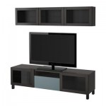 БЕСТО Шкаф для ТВ, комбин/стеклян дверцы - черно-коричневый/Вальвикен серо-бирюзовый, прозрачное стекло, направляющие ящика, плавно закр