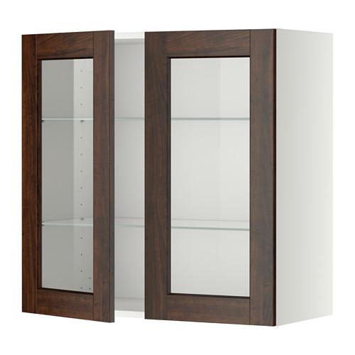 МЕТОД Навесной шкаф с полками/2 стекл дв - белый, Эдсерум под дерево коричневый, 80x80 см