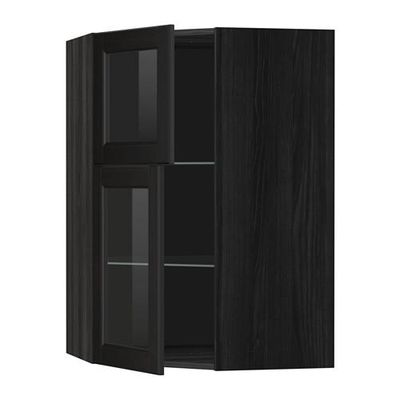 МЕТОД Углов навесной шкаф+полки/2 сткл дв - под дерево черный, Лаксарби черно-коричневый