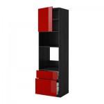 МЕТОД / МАКСИМЕРА Высок шкаф д/духовки/СВЧ/дверца/2ящ - 60x60x220 см, Рингульт глянцевый красный, под дерево черный