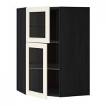 МЕТОД Углов навесной шкаф+полки/2 сткл дв - под дерево черный, Хитарп белый с оттенком