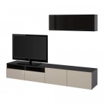 БЕСТО Шкаф для ТВ, комбин/стеклян дверцы - черно-коричневый/Сельсвикен глянцевый/бежевый/дымчатое стекло, направляющие ящика, плавно закр