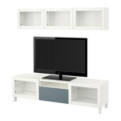 БЕСТО Шкаф для ТВ, комбин/стеклян дверцы - белый/Вальвикен серо-бирюзовый, прозрачное стекло, направляющие ящика, плавно закр БЕСТО Шкаф для ТВ, комбин/стеклян дверцы - белый/Вальвикен серо-бирюзовый, прозрачное стекло, направляющие ящика, плавно закр