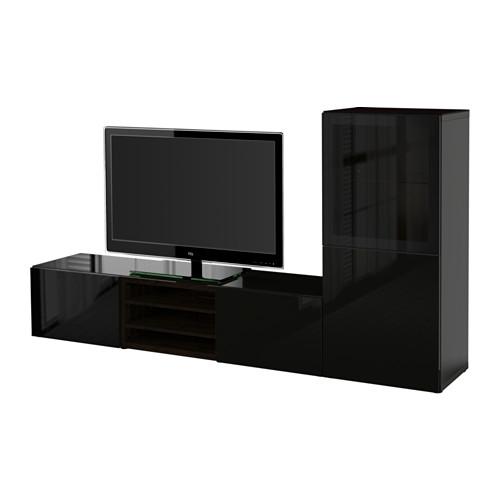 БЕСТО Шкаф для ТВ, комбин/стеклян дверцы - черно-коричневый/Сельсвикен глянцевый/черный прозрачное стекло, направляющие ящика,нажимные