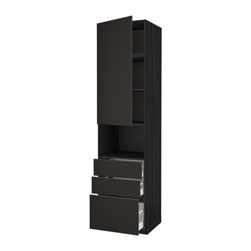 МЕТОД / МАКСИМЕРА Высокий шкаф д/СВЧ+дверца/3 ящика - под дерево черный, Кунгсбакка антрацит, 60x60x240 см