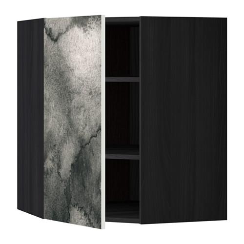 МЕТОД Угловой навесной шкаф с полками - под дерево черный, Кальвиа с печатным рисунком, 68x80 см МЕТОД Угловой навесной шкаф с полками - под дерево черный, Кальвиа с печатным рисунком, 68x80 см