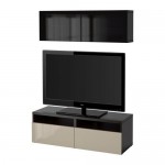 БЕСТО Шкаф для ТВ, комбин/стеклян дверцы - черно-коричневый/Сельсвикен глянцевый/бежевый/дымчатое стекло, направляющие ящика,нажимные