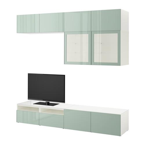 БЕСТО Шкаф для ТВ, комбин/стеклян дверцы - белый Сельсвикен/глянцевый/серо-зеленый светлый прозрачное стекло, направляющие ящика, плавно закр