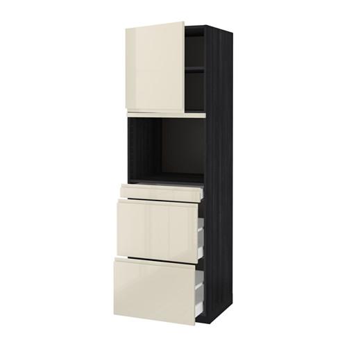 МЕТОД / МАКСИМЕРА Высокий шкаф д/СВЧ/дверца/3ящика - под дерево черный, Воксторп глянцевый светло-бежевый, 60x60x200 см