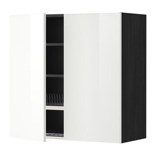 МЕТОД Навесной шкаф с посуд суш/2 дврц - под дерево черный, Рингульт глянцевый белый, 80x80 см