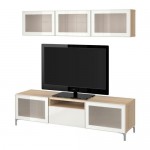 БЕСТО Шкаф для ТВ, комбин/стеклян дверцы - под беленый дуб/Сельсвикен глянцевый/белый матовое стекло, направляющие ящика, плавно закр