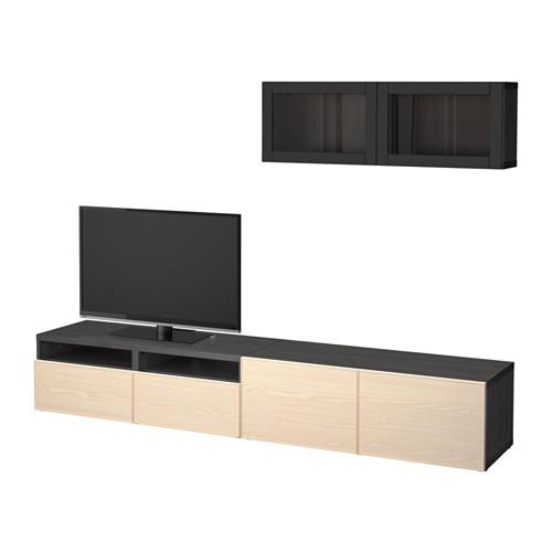 БЕСТО Шкаф для ТВ, комбин/стеклян дверцы - черно-коричневый Синдвик/Инвикен ясеневый шпон, направляющие ящика, плавно закр
