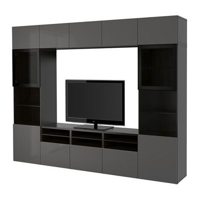 БЕСТО Шкаф для ТВ, комбин/стеклян дверцы - черно-коричневый/Сельсвикен глянцевый/серый прозрачное стекло, направляющие ящика,нажимные