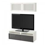 БЕСТО Шкаф для ТВ, комбин/стеклян дверцы - белый/Сельсвикен глянцевый/серый матовое стекло, направляющие ящика, плавно закр БЕСТО Шкаф для ТВ, комбин/стеклян дверцы - белый/Сельсвикен глянцевый/серый матовое стекло, направляющие ящика, плавно закр