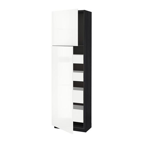 МЕТОД / МАКСИМЕРА Высокий шкаф/2дверцы/4ящика - под дерево черный, Рингульт глянцевый белый, 60x37x200 см