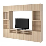 БЕСТО Шкаф для ТВ, комбин/стеклян дверцы - Лаппвикен/Синдвик под беленый дуб, прозрачное стелко, направляющие ящика,нажимные