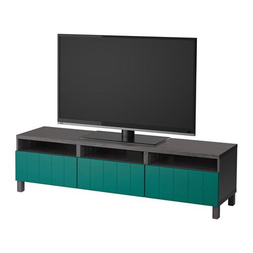 БЕСТО Тумба д/ТВ с ящиками - черно-коричневый/Халлставик сине-зеленый, направляющие ящика, плавно закр