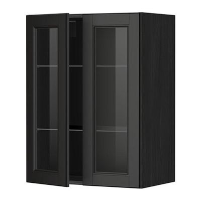 МЕТОД Навесной шкаф с полками/2 стекл дв - 60x80 см, Лаксарби черно-коричневый, под дерево черный