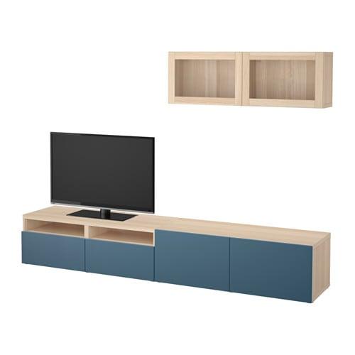 БЕСТО Шкаф для ТВ, комбин/стеклян дверцы - под беленый дуб Вальвикен/темно-синий прозрачное стекло, направляющие ящика,нажимные БЕСТО Шкаф для ТВ, комбин/стеклян дверцы - под беленый дуб Вальвикен/темно-синий прозрачное стекло, направляющие ящика,нажимные