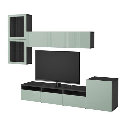 БЕСТО Шкаф для ТВ, комбин/стеклян дверцы - черно-коричневый Сельсвикен/глянцевый/серо-зеленый светлый прозрачное стекло, направляющие ящика,нажимные