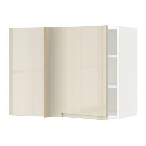 МЕТОД Угловой навесной шкаф с полками - белый, Воксторп глянцевый светло-бежевый, 88x37x60 см