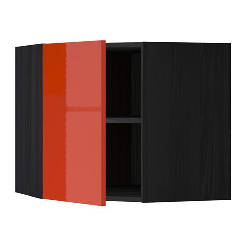 МЕТОД Угловой навесной шкаф с полками - под дерево черный, Ерста глянцевый оранжевый, 68x60 см