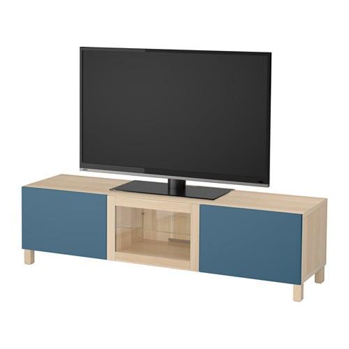 БЕСТО Тумба под ТВ с ящиками и дверцей - под беленый дуб Вальвикен/темно-синий прозрачное стекло, направляющие ящика, плавно закр