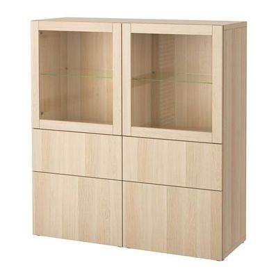 БЕСТО Комбинация д/хранения+стекл дверц - Лаппвикен/Синдвик под беленый дуб, прозрачное стелко, направляющие ящика,нажимные БЕСТО Комбинация д/хранения+стекл дверц - Лаппвикен/Синдвик под беленый дуб, прозрачное стелко, направляющие ящика,нажимные