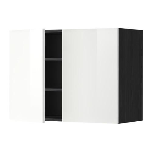 МЕТОД Навесной шкаф с полками/2дверцы - под дерево черный, Рингульт глянцевый белый, 80x60 см