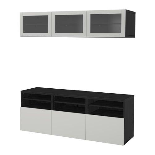 БЕСТО Шкаф для ТВ, комбин/стеклян дверцы - черно-коричневый Синдвик/Лаппвикен светло-серый прозрачное стекло, направляющие ящика, плавно закр