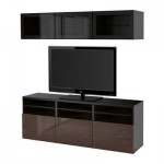 БЕСТО Шкаф для ТВ, комбин/стеклян дверцы - черно-коричневый/Сельсвикен глянцевый/коричневый прозрач стекло, направляющие ящика,нажимные