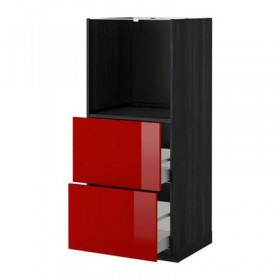 МЕТОД / МАКСИМЕРА Высокий шкаф с 2 ящиками д/духовки - Рингульт глянцевый красный, под дерево черный