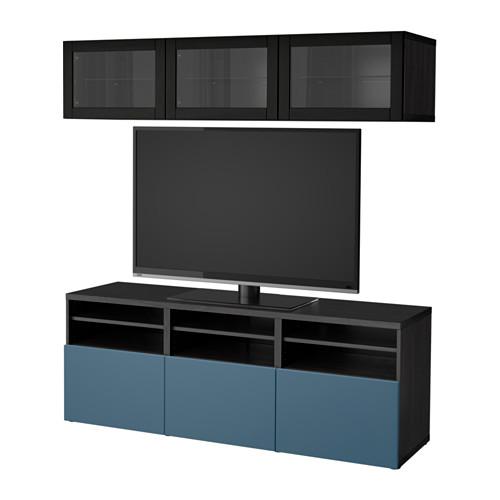 БЕСТО Шкаф для ТВ, комбин/стеклян дверцы - черно-коричневый Вальвикен/темно-синий прозрачное стекло, направляющие ящика, плавно закр БЕСТО Шкаф для ТВ, комбин/стеклян дверцы - черно-коричневый Вальвикен/темно-синий прозрачное стекло, направляющие ящика, плавно закр
