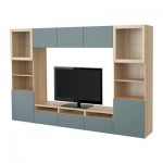 БЕСТО Шкаф для ТВ, комбин/стеклян дверцы - под беленый дуб/Вальвикен серо-бирюзовый, прозрачное стекло, направляющие ящика,нажимные