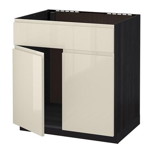 МЕТОД Напольн шкаф п-мойку 2 двр/фрн пнл - под дерево черный, Воксторп глянцевый светло-бежевый