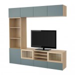 БЕСТО Шкаф для ТВ, комбин/стеклян дверцы - под беленый дуб/Вальвикен серо-бирюзовый, прозрачное стекло, направляющие ящика, плавно закр