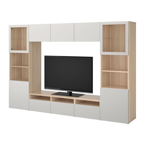 БЕСТО Шкаф для ТВ, комбин/стеклян дверцы - под беленый дуб Лаппвикен/Синдвик светло-серый прозрачное стекло, направляющие ящика,нажимные