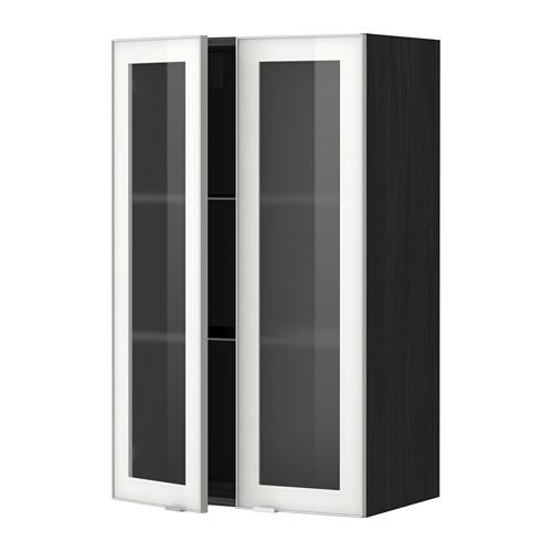 МЕТОД Навесной шкаф с полками/2 стекл дв - под дерево черный, Ютис матовое стекло/алюминий, 60x100 см