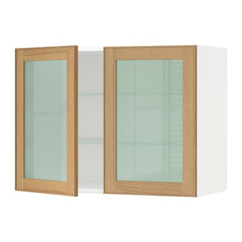 МЕТОД Навесной шкаф с полками/2 стекл дв - белый, Экестад дуб, 80x60 см